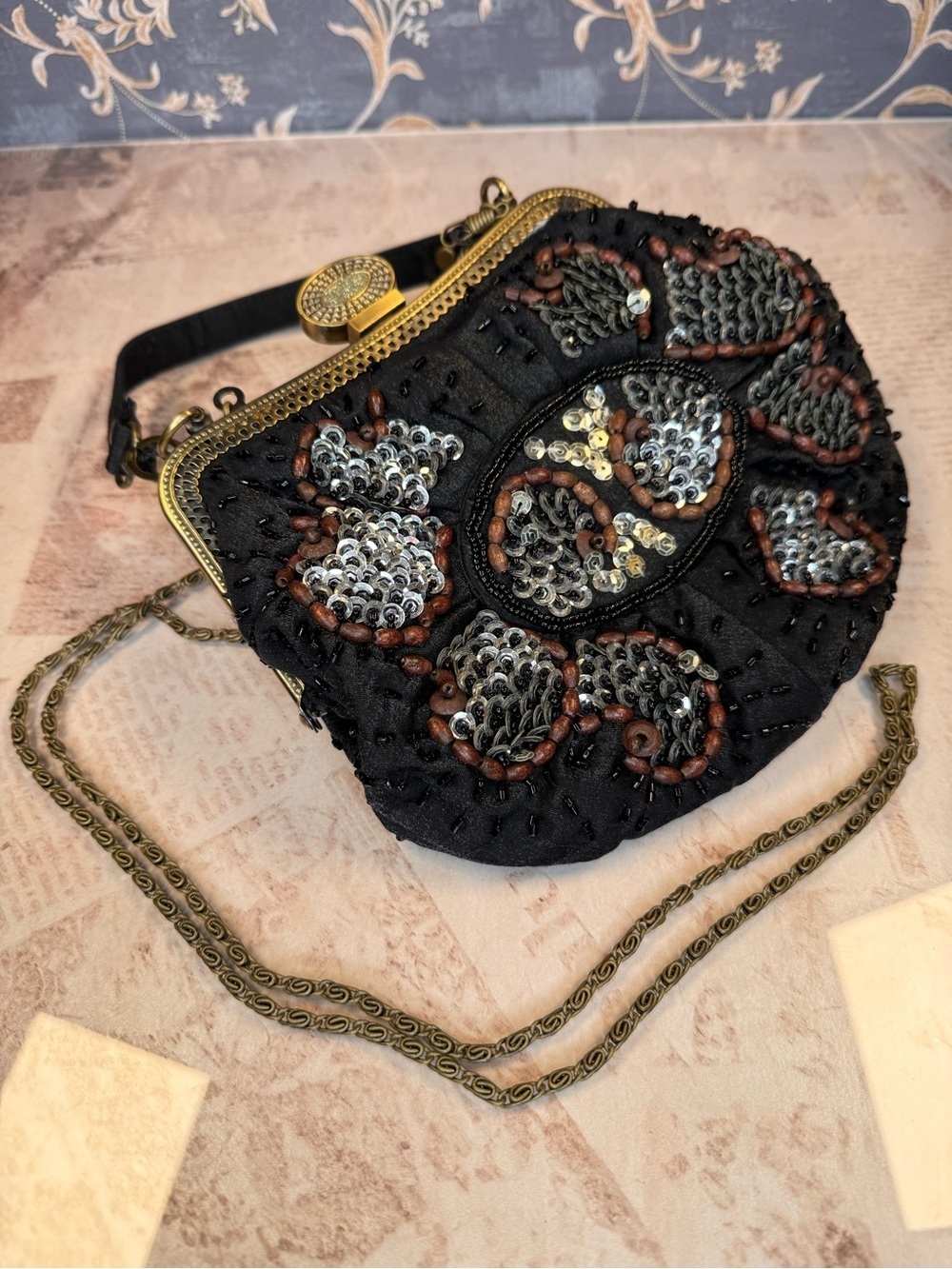 Vintage Beaded Sequin Evening Bag Black Satin Clutch Purse Chain Strap